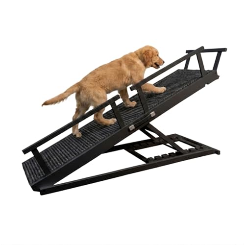 Dog Ramp for Bed - 7-Level Adjustable (13"-37") Birchwood, 60" Foldable Soft Carpet Ramp with Removable Washable Cover & Rails, for High Bed/Couch, DIY Glow Strips, Supports 200 Lbs - color: Black - Carpet Style