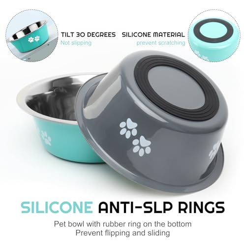 Stainless Steel Dog Bowls 2 Pack Medium Large Dogs Feeding Food Water Bowl with Non-Slip Silicone Sole, Stainless Steel Dog Dishes Elevated Raised Pet Feeder (Green+Grey, L(6.6 Cups)) - color: Green+Grey, size: L(6.6 Cups)