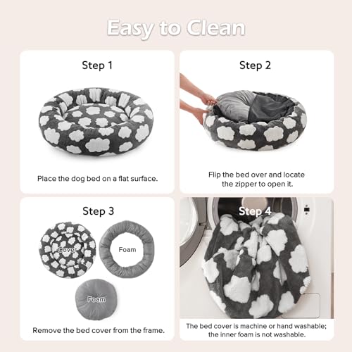 JOEJOY Donut Dog Bed Medium Size, Cute Round Calming Pet Bed with Removable Washable Cover, Orthopedic Cat Puppy Bed with Jacquard Shaggy Plush & Non Skid Bottom - color: Grey, size: M (30x30x8)