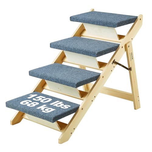 VEVOR Wood Pet Stairs/Pet Steps, 2-in-1 Foldable Wooden Dog Stair for Beds, Sofa and Cars, Dog Stairs & Ramp with 4 Steps for Small Medium Large Pet, up to 150 lbs - color: Natural, size: 4-Step Foldable