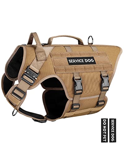 Tactical Dog Harness - PETNANNY Service Dog Vest for Large Dogs Fully Body Coverage in Training Dog Harness with 2 Reflective Dog Patches, Handle, Hook and Loop Panels, Dog MOLLE Vest (Khaki, M) - color: Khaki, size: Extended Back M (Chest: 25-35", Neck: