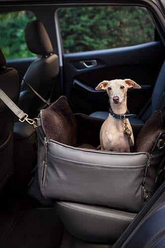 NOAH & PAW Small Dog Car Seat for Small Medium Pets with Harness Clip, 4X Safety Feature, Washable Dog Seat for Car, Orthopedic Foam Wrapped with Plush, Vegan Leather - color: Charcoal
