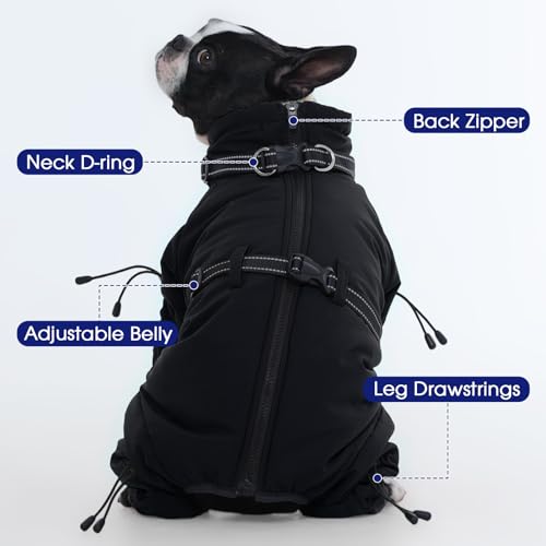 FUAMEY Full Body Dog Coat,Warm Dog Fleece Jackets with Harness Built in Windproof Dogs Snowsuit Zip up Pet Four Legged Pets Jumpsuit Winter Outfit Cold Weather Coats for Extra Large Dogs Black XL - color: Black, size: X-Large