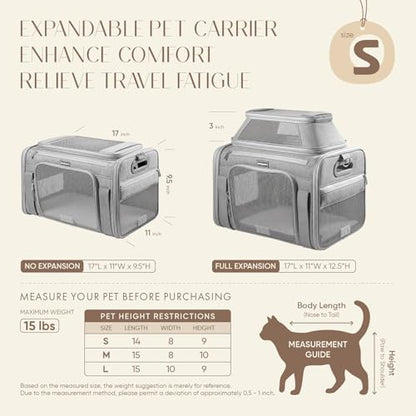 Top-Expandable Pet Carrier with Treat & Pet Window,17x11x9.5 Inch Alaska Hawaiian Airline Approved,Soft-Sided Dog Carrier for Small Dogs and Cats,Travel Cat Carrier with Locking Safety Zippers,Grey - color: Grey, size: 17.0"L x 11.0"W x 9.5"H