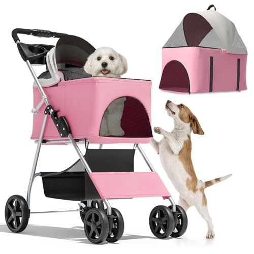 Magshion Foldable Pet Stroller, 3-in-1 Dog Travel Jogger with Detachable Carrier, Cup Holder, Storage Basket, Folding Carrier for Small/Medium Dogs & Cats Up to 33 lbs, Pink - color: Pink, style: Up to 33 lbs