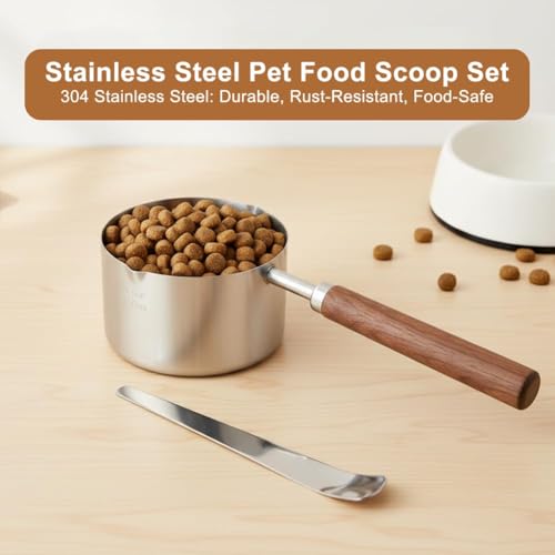 Dog Cat Food Scoop 1 Cup, 304 Stainless Steel Dog Food Measuring Cup with 410 Medium Scoop, Multi Purpose Tool with Walnut Wooden Handle for Pet Food, Rice, Flour, Precision Scale Measurements