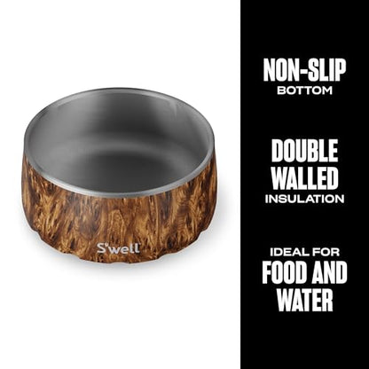 S'well Stainless Steel Pet Bowl, 32oz, Teakwood, for Small to Medium Size Dogs, Mess Free Design with Non Slip Rubber Bottom, Dishwasher Safe, BPA Free - color: Teakwood, size: 32 oz
