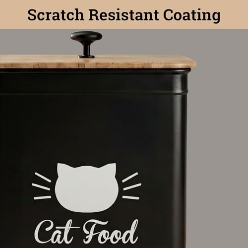 Cat Food Storage Container with Scoop - 5-7 lb (25 Cup) Capacity Metal Cat Food Container with Airtight Bamboo Lid and Metal Scoop - Airtight Pet Food Storage Containers 5 lb - 7 lb Kibble Container - color: Black