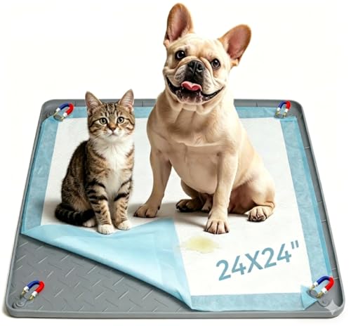 Pee Pad Holder for Dogs, 24" x 24" Non-Slip Silicone Puppy Pad Tray with 4 Magnetic Clips, Leak-Proof Raised Edge, Reusable Waterproof Puppy Training Mat for Indoor Floor Protection