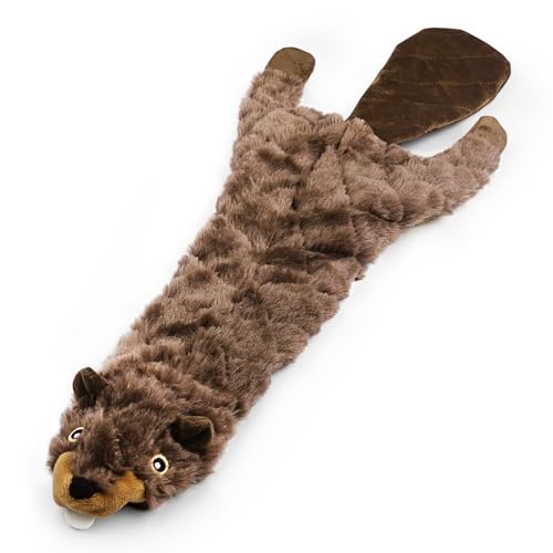 24” Stuffing-Free Dog Toy – Plush Beaver with 2 Squeakers & Crinkle Paper, Flat Body Quilted Design for Interactive Play, Medium & Large Dogs - color: Brown