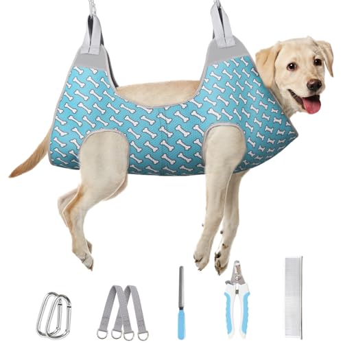 Supet Dog Grooming Hammock Harness for Dogs Cats, Relaxation Pet Nail Clipper Hammock, Restraint Dog & Large Animal Leashes Sling for Groomingk for Nail Trimming (Coral Blue, 2XL) - color: Coral Blue, size: 2XL（ Max 130 Lb：Leg space: 16.0"-28.0"）