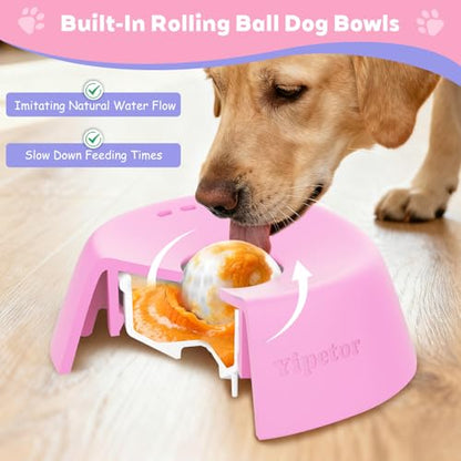 Yipetor Slow Feeder Dog Bowls for Liquid Treat, 【Enrichment Ball-Roll】 Bone Broth Dog Lick Bowl, 3/4 Cup Yogurt Pup Lick Toy for Large Medium Small Breeds Dietary Supplement/Post-op Nutrition (Pink) - color: pink