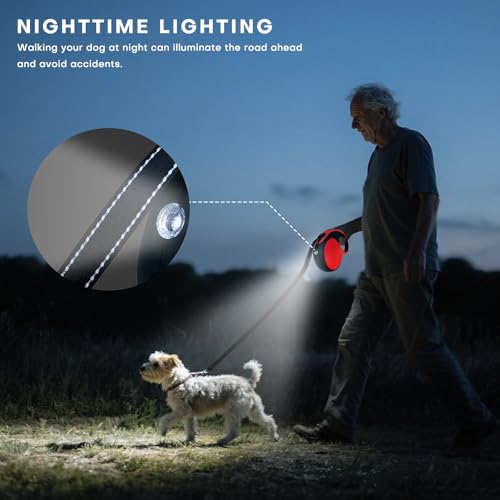 Retractable Dog Leash with LED Light Rechargeable,16Ft Heavy Duty Dog Leash for Medium Large Dogs up to 110lbs,360°No Tangle,One-Handed Brake,Pause,Lock(Red) - color: Red, size: 16ft-Led