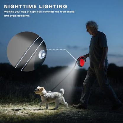 Retractable Dog Leash with LED Light Rechargeable,16Ft Heavy Duty Dog Leash for Medium Large Dogs up to 110lbs,360°No Tangle,One-Handed Brake,Pause,Lock(Red) - color: Red, size: 16ft-Led