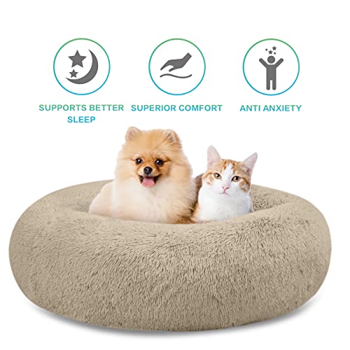 SAVFOX 36 inches Calming Donut Dog Bed - 3X Durable Plush Faux Fur, Machine Washable & Non-Slip, Fits up to 100 lbs, Beige - color: Beige, size: Large | 36"x36"