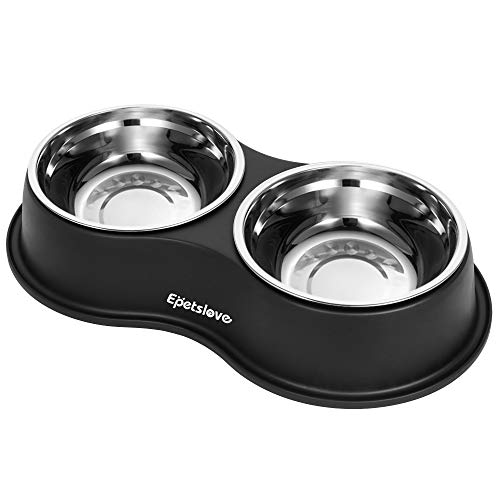 Epetslove Dog Bowls Double Dog Water and Food Bowl Stainless Steel Bowl with Non-Slip Resin Station, Pet Feeder Bowls for Puppy Medium Dogs Cats - color: 1.Black, size: Medium-18oz
