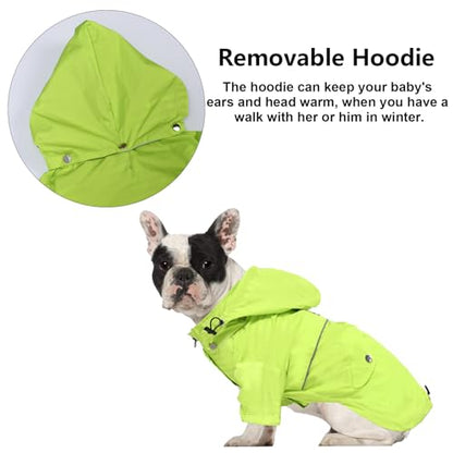 Morezi Dog Zip Up Raincoat with Reflective Buttons, Rain/Water Resistant, Adjustable Drawstring, Removable Hood, Raincoats with Legs 8lbs to 80lbs Available Light Green S - color: Light Green, size: Small