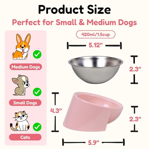 Tilted Dog Bowl for Flat-Faced & Senior Dogs, 15° Slanted Stainless Steel Dog Food Bowl, Elevated Pet Feeder for Small & Medium Dogs (Pink + Light Blue, M (420 ML / 1.5 Cups)) - color: Pink + Light Blue