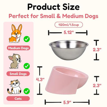 Tilted Dog Bowl for Flat-Faced & Senior Dogs, 15° Slanted Stainless Steel Dog Food Bowl, Elevated Pet Feeder for Small & Medium Dogs (Pink + Light Blue, M (420 ML / 1.5 Cups)) - color: Pink + Light Blue