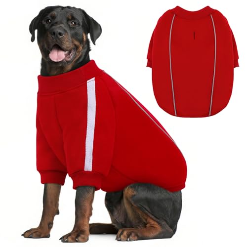 Queenmore XL Christmas Dog Sweater, Cozy Fleece Dog Sweatshirt, Warm Winter Fleece Jacket for Small, Medium & Large Dogs with Leash Hole/Reflective Stripes Red - color: Red, size: X-Large