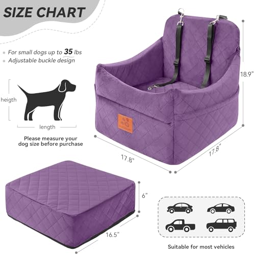 GL GLENSLAVE Dog Car Seat for Small/Medium Dogs, Dog Booster Car Seats with Thick Cushion for Dogs Under 35lbs, Detachable Washable Pet Carseat with Storage Pockets, 2 Safety Belts(Purple) - color: Purple