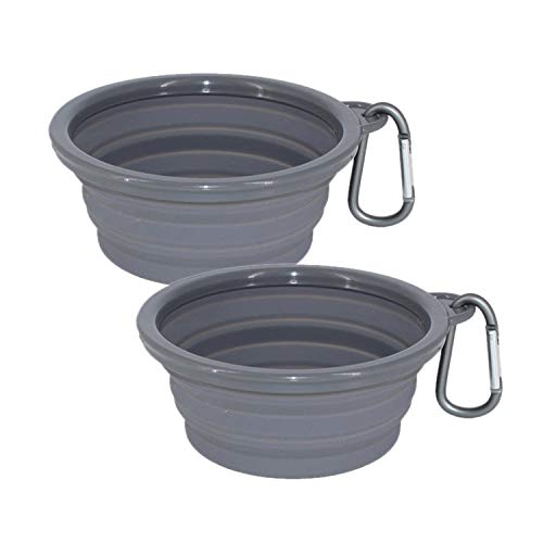 Collapsible Portable Silicone Big Dog Bowls,2 Pack,34 oz/Each Bowl,Silicone Basic Bowl with Plastic Rim and D-Ring,Foldable Travel pet Feeder,Portable Basic Bowl for Dog (Grey) - color: grey