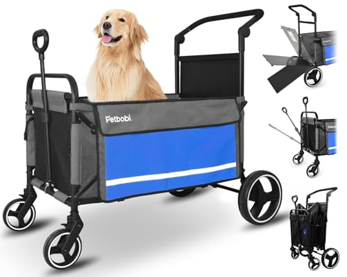 Petbobi Dog Wagon Stroller for Large & Medium Dogs, 2-in-1 Push Pull Pet Cart with Ramp, Foldable Wagon, 360° Swivel Wheels, Adjustable Handles, Safety Leashes, Blue - color: Blue