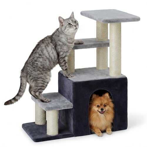 Heybly Cat Scratching Post, Sturdy Pet Stairs & Steps for Indoor Cats and Dogs, Small Cat Tree with Cat Condo, Full Wrapped Sisal Posts & Soft Plush Fabric, Smoky Gray & Light Gray HSP002SGW - color: Smoky Gray