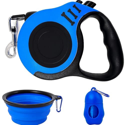 4-in-1 Retractable Dog Leash Set Includes Waste Bag Dispenser, Refill Bags & Collapsible Water Bowl Heavy Duty Nylon Leash with One-Hand Lock, Anti-Slip Grip for Small to Medium Pets (Blue) - color: Blue