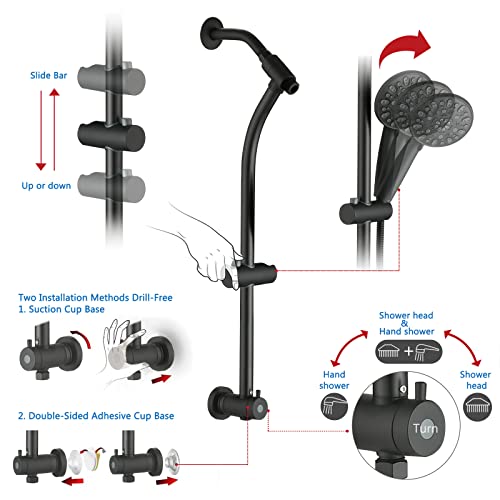High Pressure 48-Settings Shower Head with Handheld Shower,Drill-Free 3-Way Diverter for Easy Reach,Adjustable Height Slide Bar Dual Shower Head Combo Set - Matte Black - color: Matte Black