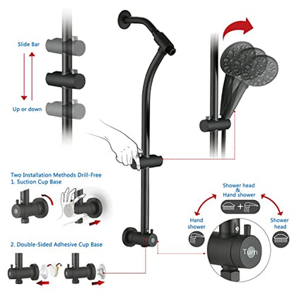 High Pressure 48-Settings Shower Head with Handheld Shower,Drill-Free 3-Way Diverter for Easy Reach,Adjustable Height Slide Bar Dual Shower Head Combo Set - Matte Black - color: Matte Black
