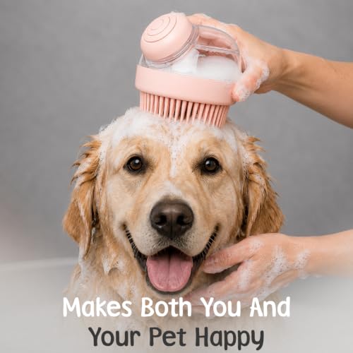 Dog Bath Brush with Shampoo Dispenser | Silicone Pet Grooming Scrubber for Dogs Cats and Puppies | Rubber Curry Tool for Bathing Deshedding and Massage | Easy Grip One Handed Design - color: Pink