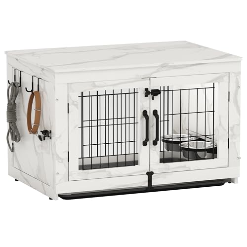 Piskyet Wooden Dog Crate Furniture with 360°Rotatable Removable Dog Bowls, Dog Crate End Table with Tray, Double Doors Dog Kennels for Dogs(M:31.8" L*22.1" W*24.1" H,Marble White) - color: Marble White, size: 31.8"L x 22.1"W x 24.1"H