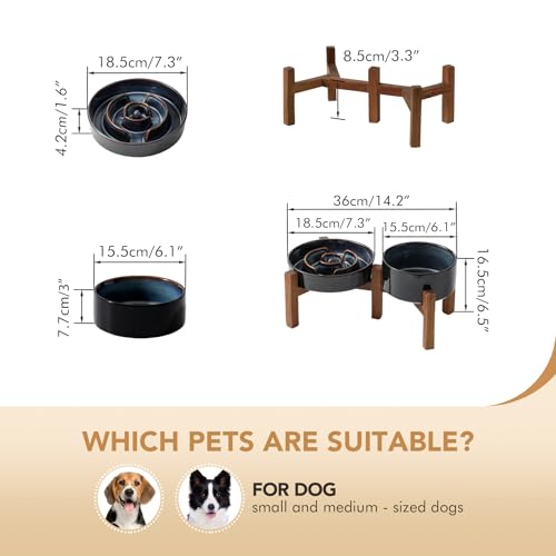 Havniva 1.2 Cup Elevated Slow Feeder Dog Bowls, 7.3” Dog Slow Feeding Bowls + 6.1” Ceramic Dog Water Bowls Set with Acacia Wood Stand, Dog Food Bowls Puzzle Feeder for Small Dogs Non-Slip Anti-choking - color: 2 x Starry Sky + Stand - A, size: M- 7.3inch