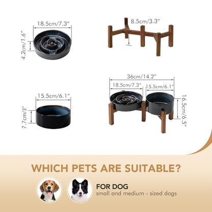 Havniva 1.2 Cup Elevated Slow Feeder Dog Bowls, 7.3” Dog Slow Feeding Bowls + 6.1” Ceramic Dog Water Bowls Set with Acacia Wood Stand, Dog Food Bowls Puzzle Feeder for Small Dogs Non-Slip Anti-choking - color: 2 x Starry Sky + Stand - A, size: M- 7.3inch