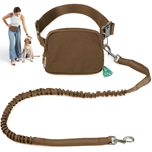 Hands Free Dog Leash with Dog Treat Pouch - Stylish & Trendy Waist Leash for Dog Walking - Wear Around the Waist or Crossbody - Durable & Detachable - Shock Absorbing - Waste Bag Dispenser - color: Caramel