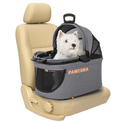PAWZIDEA Portable Small Dog Crate for Car Travel up 33lbs, Enclosed Dog Car Seat Soft-Sided, Escape-Proof Reversible No-Zip Canopy, Foldable Pet Carrier Seatbelt for Small Medium Puppies & Cats Kennel - color: Mid-Hemp Grey, Small/Medium