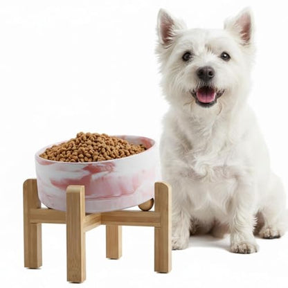 hjn Elevated Ceramic Dog Bowl 15°Slanted Raised Dog Bowl with Bamboo Stand for Small Medium Dogs and Cats, Pet Feeder -3.6-Cup (850ml)-Marble Pink - color: Marble Pink, size: 3.6Cup