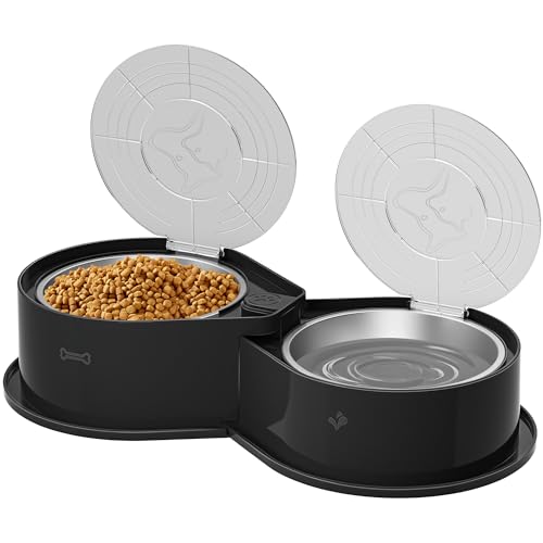 Newget Stainless Steel Dog Bowl Set with Lids, 304 Metal Dual Food & Water Bowls for Dogs & Cats, Foldable Pet Feeder with Cover Keeps Food Fresh, Anti-Skid Dog Dish for Small/Medium/Large Pets - color: Black