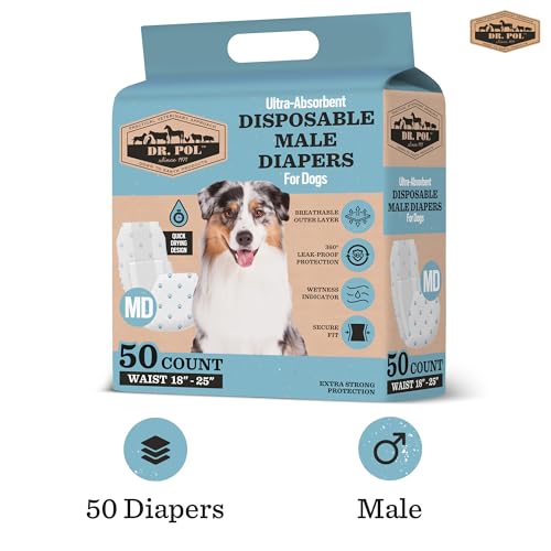 Dr Pol Dog Diapers for Male Dogs | Disposable Pet Diapers with Wetness Indicators | Adjustable Fit | Leak Protection & Super Absorbent | Perfect for Heat Cycles & Training Accidents | Pack of 50 - size: MD Waist Size 18 - 25 in