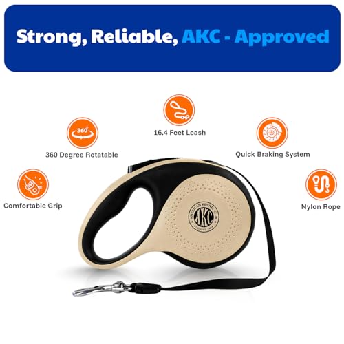 American Kennel Club Heavy Duty Retractable Dog Leash, 16.4ft, Tangle-Free, Ergonomic Grip, One-Hand Brake, for Medium & Large Dogs up to 110 lbs Tan