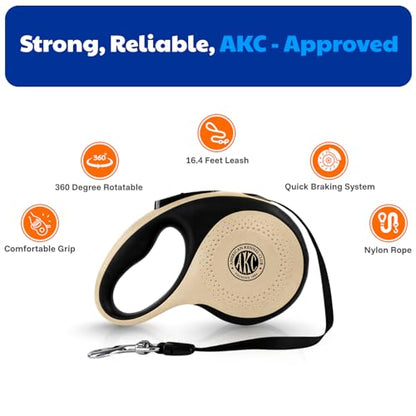 American Kennel Club Heavy Duty Retractable Dog Leash, 16.4ft, Tangle-Free, Ergonomic Grip, One-Hand Brake, for Medium & Large Dogs up to 110 lbs Tan