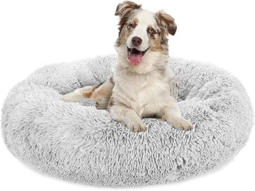 Original Calming Donut Dog and Cat Bed in Shag Fur, Dog Beds for Melium Dogs, Anti Anxiety Round Fluffy Plush Faux Fur Pet Bed, Light Grey, 27.6'' x 27.6''