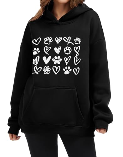 Womens Dog Paw Hoodie-Long Sleeve Pullover Fleece Lined Dog Mom Sweatshirts with Pocket - color: A-black, size: X-Large