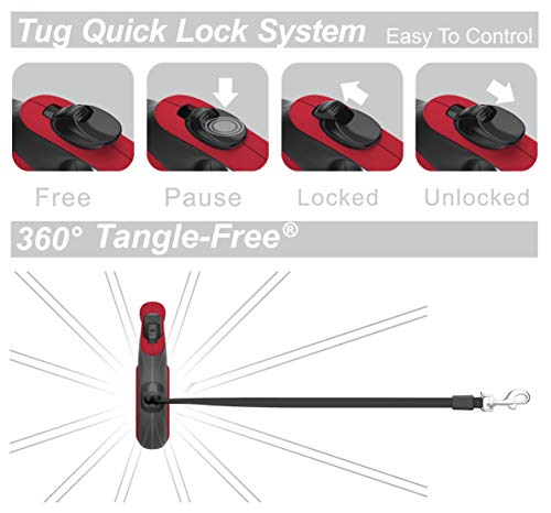 TUG 360° Tangle-Free Retractable Dog Leash with Anti-Slip Handle | 16 ft Strong Nylon Tape | One-Handed Brake, Pause, Lock (Large, Red) - color: Red, size: Large