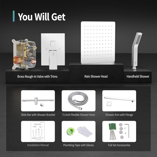 SR SUN RISE 12 Inch Slide Bar Shower System, Square Rain Shower Head and Handheld Spray, Wall Mounted Shower Faucets Sets Complete Included Valve and Shower Trim Kit, Polished Chrome - color: Polished Chrome, style: 12"