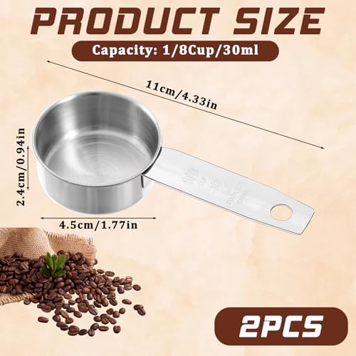2 Pcs 1/8 Cup (30ml, 1oz) Measuring Cup, Stainless Steel Measuring Scoop Coffee Scoops Small Metal Measure Cups Tablespoon for Wet and Dry Ingredients, Metric and US Measurement, Dishwasher Safe - size: 1/8 Cup