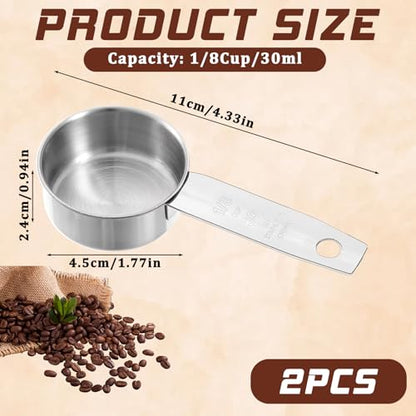 2 Pcs 1/8 Cup (30ml, 1oz) Measuring Cup, Stainless Steel Measuring Scoop Coffee Scoops Small Metal Measure Cups Tablespoon for Wet and Dry Ingredients, Metric and US Measurement, Dishwasher Safe - size: 1/8 Cup