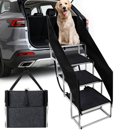 Dog Stairs with Guardrail for Large Dogs Extra Wide 20 Inch Step, High34 in 4 Step Foldable Dog Ramp, Supports up to 230 lbs Designed for Oversized SUVs, Off Road Vehicles, and Pickup Trucks- Felt - size: 20" W x 34-35" H