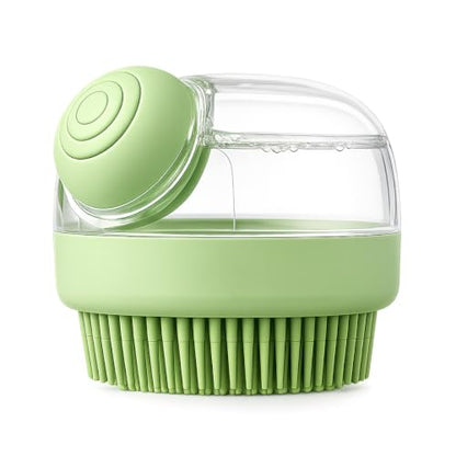 Dog Bath Brush with Shampoo Dispenser | Silicone Pet Grooming Scrubber for Dogs Cats and Puppies | Rubber Curry Tool for Bathing Deshedding and Massage | Easy Grip One Handed Design - color: Green